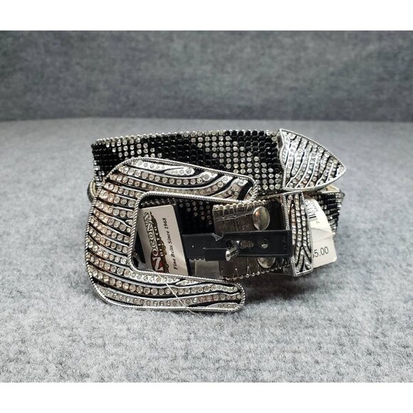 Nocona Belt Womens M Black Leather Rhinestone Bling Stripe Silver Adjustable New main image 4